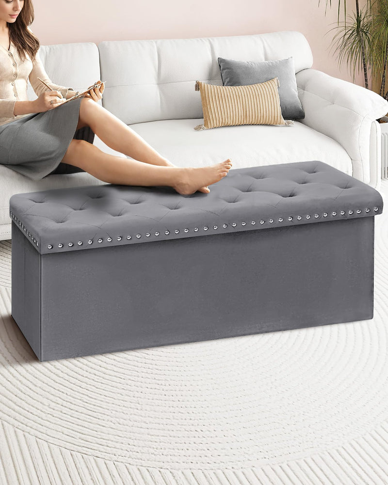 Bonlife Velvet Ottoman with Storage, Extra Large Storage Boxes with Lids, Folding Ottoman Bench Seat, Footstool for Living Room,110X40X40cm
