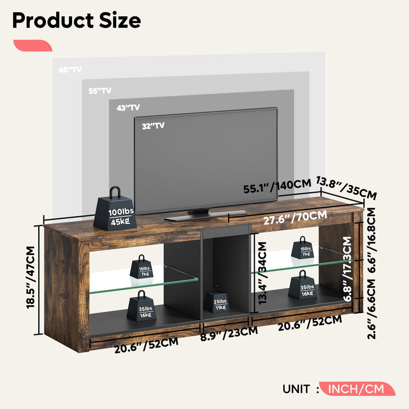 Bestier TV Stand Cabinet 140CM Entertainment Center Led Tv Stand Modern TV Unit with Glass Shelf RGB LED Lighted for 55 inch TVs with Ambient Lights for Living Room Bedroom (Rustic Brown)