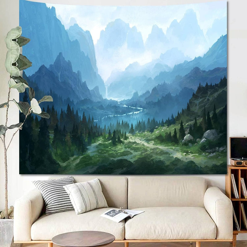 FENDROM Nature Flora Tapestry King Size background, Blue Sky White Cloud Village Small Town by European Pastoral Scenery, Wall Hanging for Bedroom Living room