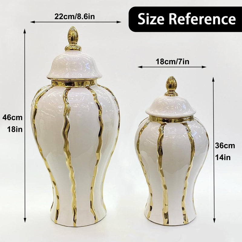 Ginger Jar, White Gold Ceramic Vase Large Handmade Porcelain Vases with Lid, White Gold Decorative Flower Vase for Home, Living Room, Weddings, Centerpieces (36cm)