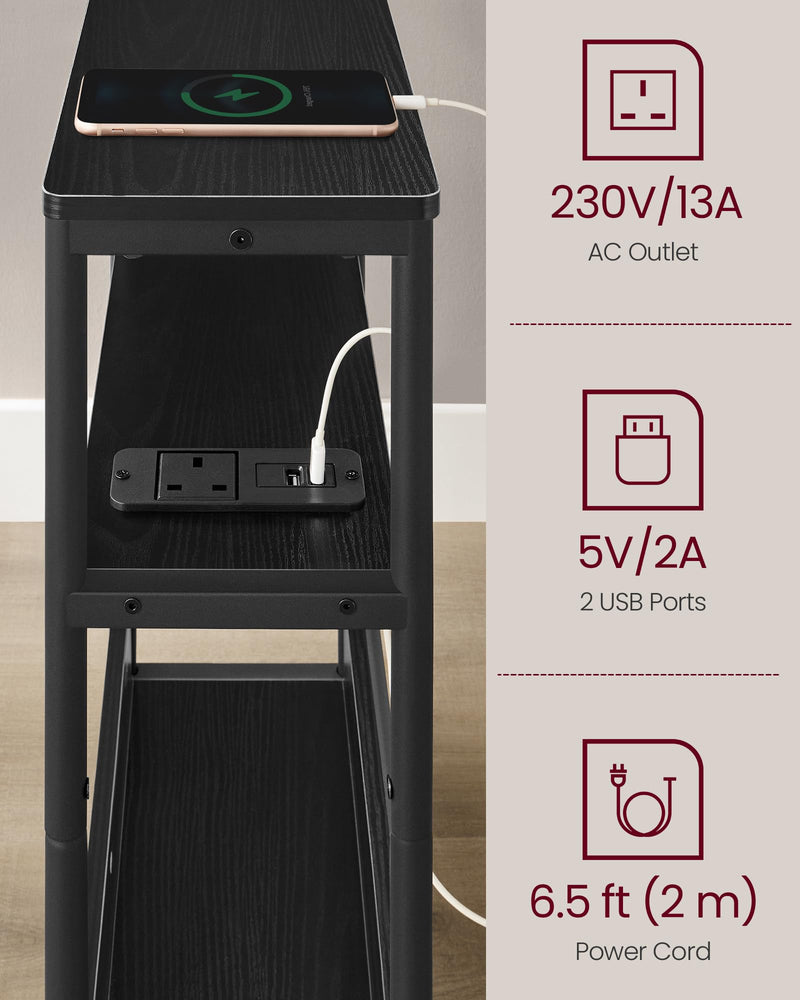 VASAGLE Slim Side Table with Charging Station, 3-Tier Narrow Bedside Table, End Table for Small Spaces, Magazine Rack, for Living Room, Bedroom, Study, Rustic Brown and Ink Black LET335K03