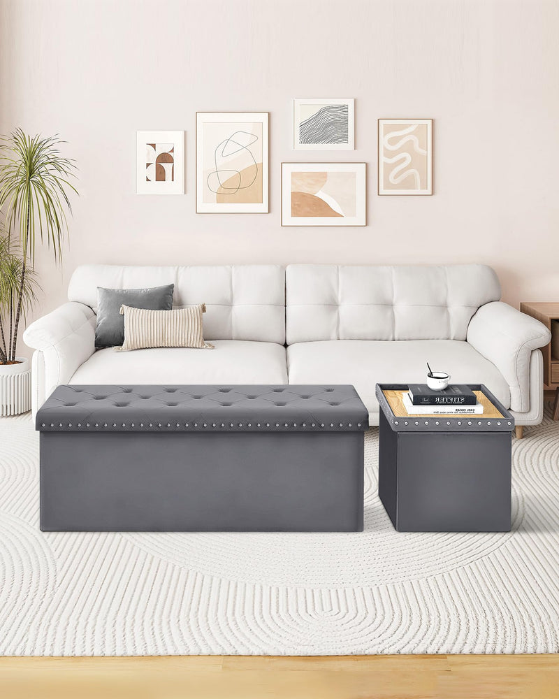 Bonlife Velvet Ottoman with Storage, Extra Large Storage Boxes with Lids, Folding Ottoman Bench Seat, Footstool for Living Room,110X40X40cm