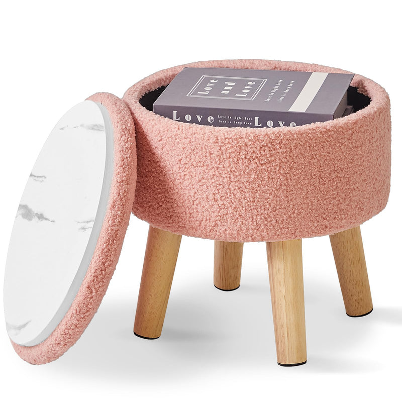 IBUYKE 13 Inch Small Footstool Ottoman with Storage, Round Pouffe Foot Rest with Padded Seat and Wood Legs, Teddy Velvet Mini Footstool for Living Room Couch Bedroom Entryway, Pink WBD006P