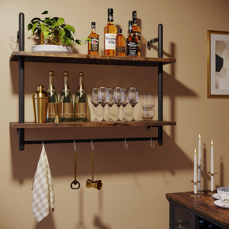 Bestier 3 Tier Floating Pipe Shelving 105.5CM Industrial Wall Mounted Ladder Shelf Hanging with Circular Tube with Hooks Wood Display Storage Home Decor Book Shelves