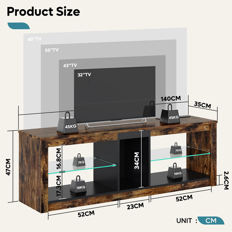 Bestier TV Stand Cabinet 140CM Entertainment Center Led Tv Stand Modern TV Unit with Glass Shelf RGB LED Lighted for 55 inch TVs with Ambient Lights for Living Room Bedroom (Rustic Brown)
