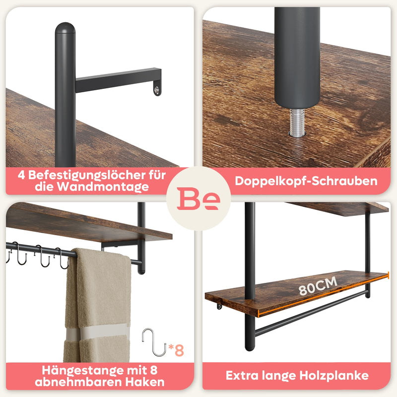 Bestier 3 Tier Floating Pipe Shelving 105.5CM Industrial Wall Mounted Ladder Shelf Hanging with Circular Tube with Hooks Wood Display Storage Home Decor Book Shelves