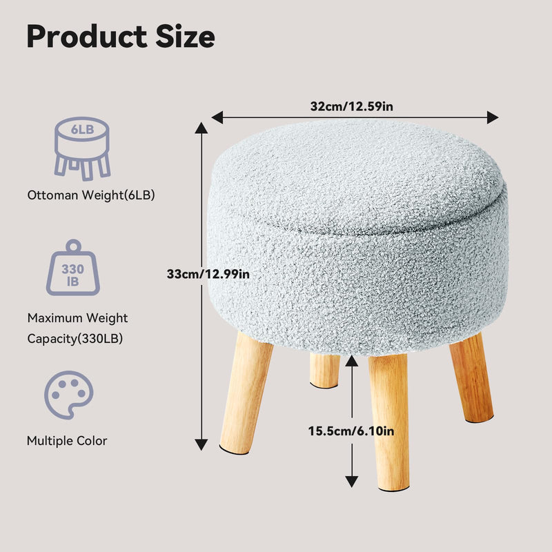 IBUYKE 13 Inch Small Footstool Ottoman with Storage, Round Pouffe Foot Rest with Padded Seat and Wood Legs, Teddy Velvet Mini Footstool for Living Room Couch Bedroom Entryway, Pink WBD006P