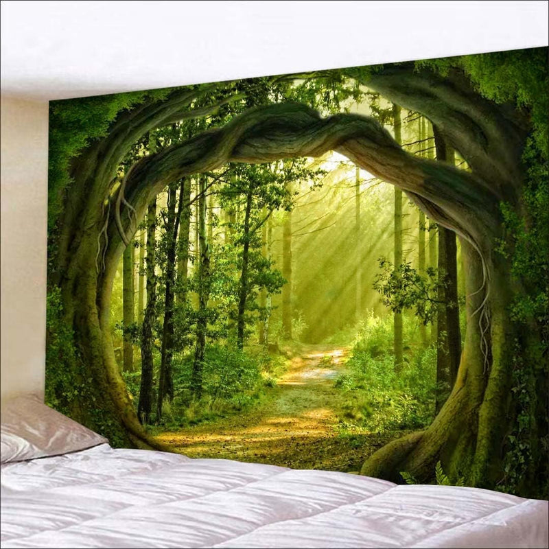 FENDROM Nature Flora Tapestry King Size background, Blue Sky White Cloud Village Small Town by European Pastoral Scenery, Wall Hanging for Bedroom Living room