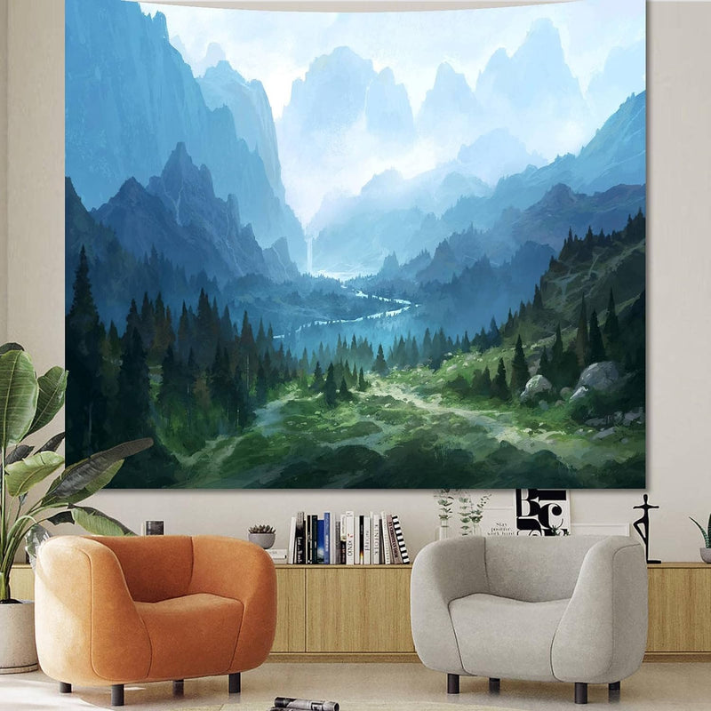 FENDROM Nature Flora Tapestry King Size background, Blue Sky White Cloud Village Small Town by European Pastoral Scenery, Wall Hanging for Bedroom Living room