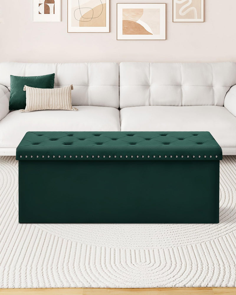 Bonlife Velvet Ottoman with Storage, Extra Large Storage Boxes with Lids, Folding Ottoman Bench Seat, Footstool for Living Room,110X40X40cm