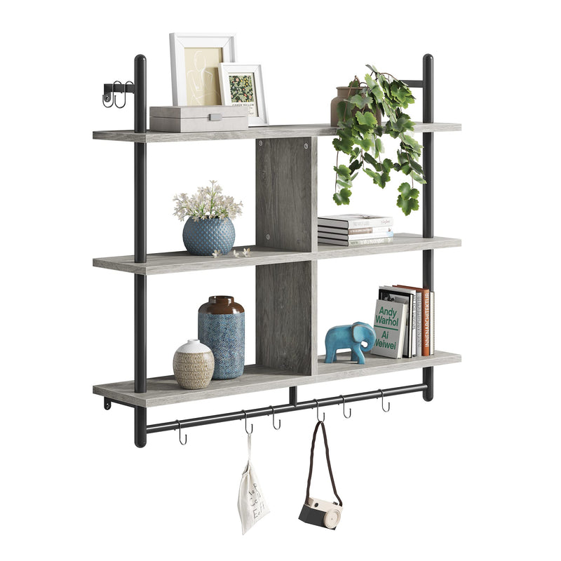 Bestier 3 Tier Floating Pipe Shelving 105.5CM Industrial Wall Mounted Ladder Shelf Hanging with Circular Tube with Hooks Wood Display Storage Home Decor Book Shelves