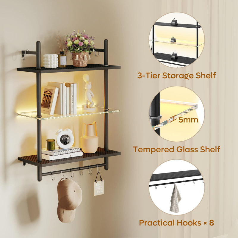 Bestier 3 Tier Floating Pipe Shelving 105.5CM Industrial Wall Mounted Ladder Shelf Hanging with Circular Tube with Hooks Wood Display Storage Home Decor Book Shelves