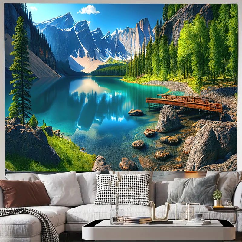 FENDROM Nature Flora Tapestry King Size background, Blue Sky White Cloud Village Small Town by European Pastoral Scenery, Wall Hanging for Bedroom Living room