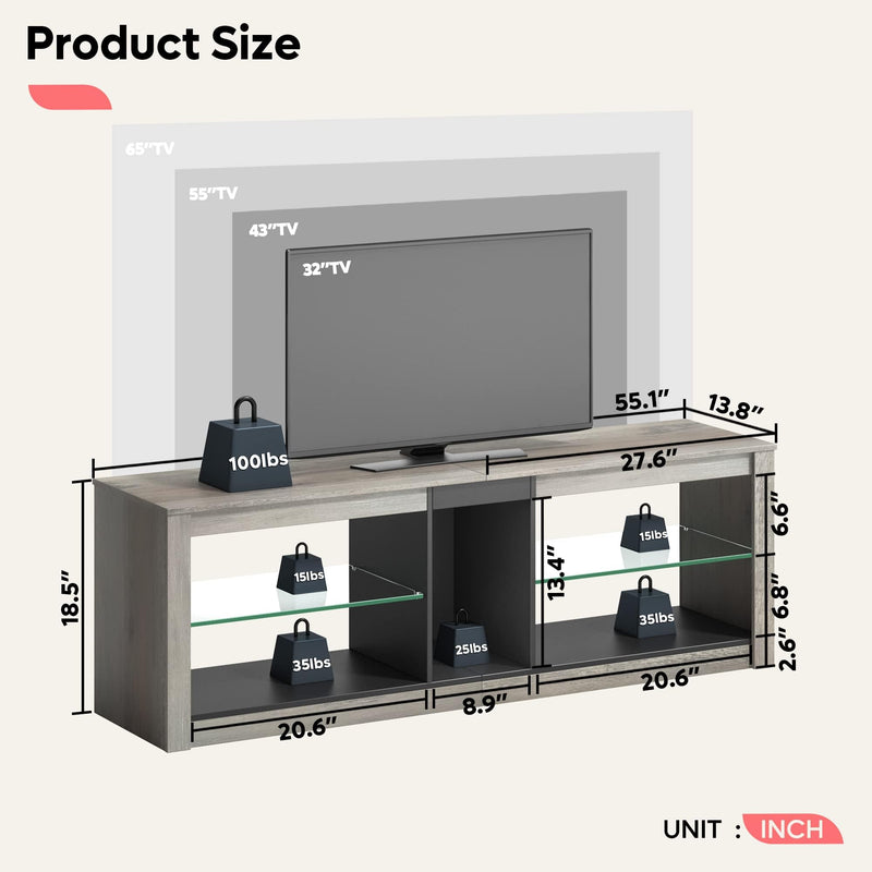 Bestier TV Stand Cabinet 140CM Entertainment Center Led Tv Stand Modern TV Unit with Glass Shelf RGB LED Lighted for 55 inch TVs with Ambient Lights for Living Room Bedroom (Rustic Brown)
