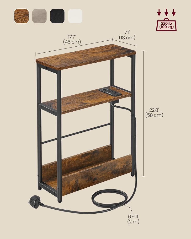VASAGLE Slim Side Table with Charging Station, 3-Tier Narrow Bedside Table, End Table for Small Spaces, Magazine Rack, for Living Room, Bedroom, Study, Rustic Brown and Ink Black LET335K03
