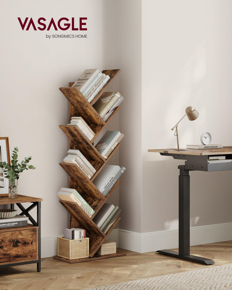 VASAGLE Tree Bookshelf, 5-Tier Floor Standing Bookcase, Space-Saving Corner Shelf, with Wooden Shelves for Bedroom, Living Room, Home Office, Rustic Brown LBC183X01