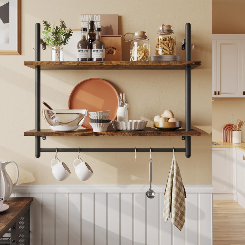Bestier 3 Tier Floating Pipe Shelving 105.5CM Industrial Wall Mounted Ladder Shelf Hanging with Circular Tube with Hooks Wood Display Storage Home Decor Book Shelves
