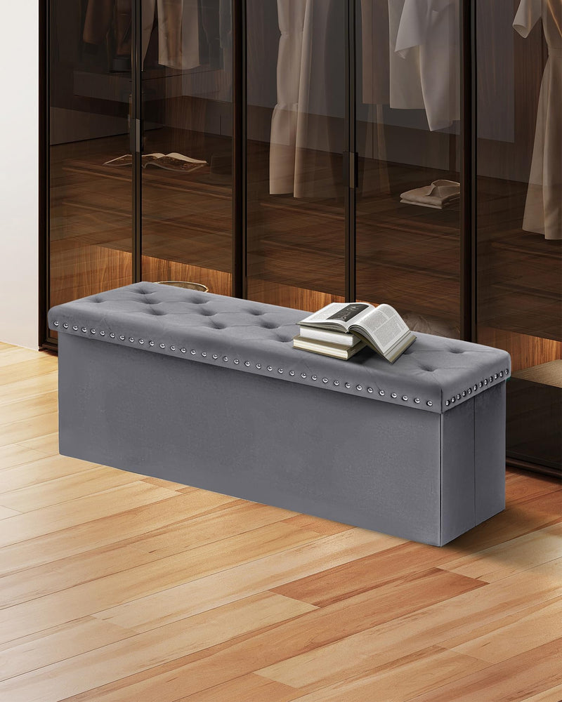 Bonlife Velvet Ottoman with Storage, Extra Large Storage Boxes with Lids, Folding Ottoman Bench Seat, Footstool for Living Room,110X40X40cm