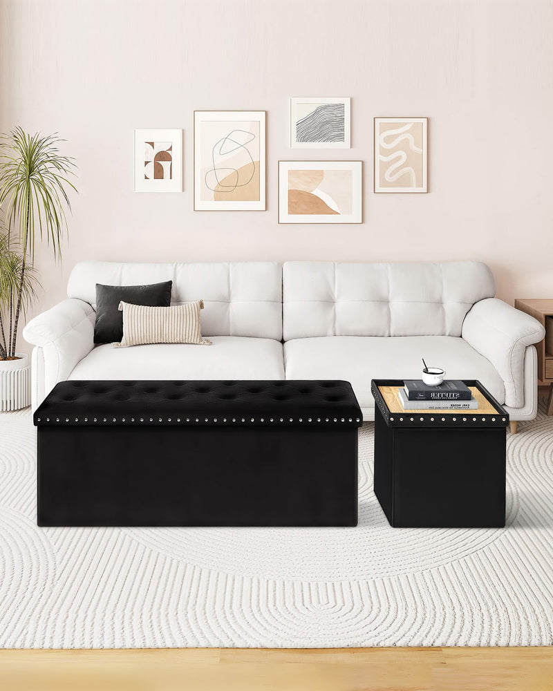 Bonlife Velvet Ottoman with Storage, Extra Large Storage Boxes with Lids, Folding Ottoman Bench Seat, Footstool for Living Room,110X40X40cm