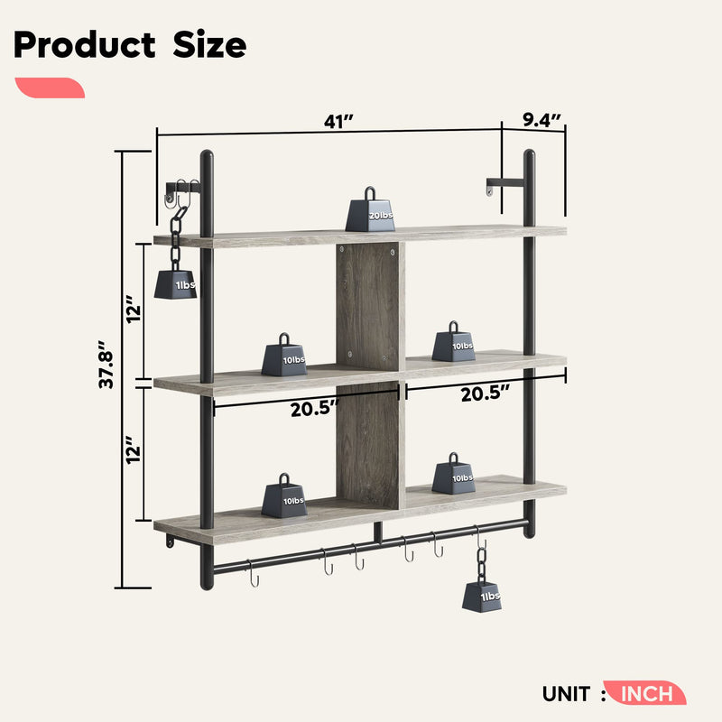 Bestier 3 Tier Floating Pipe Shelving 105.5CM Industrial Wall Mounted Ladder Shelf Hanging with Circular Tube with Hooks Wood Display Storage Home Decor Book Shelves