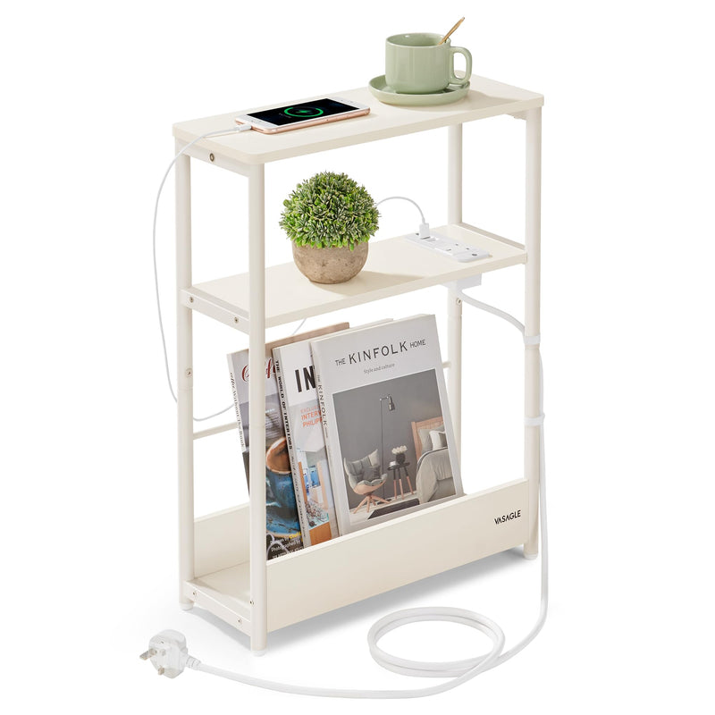 VASAGLE Slim Side Table with Charging Station, 3-Tier Narrow Bedside Table, End Table for Small Spaces, Magazine Rack, for Living Room, Bedroom, Study, Rustic Brown and Ink Black LET335K03