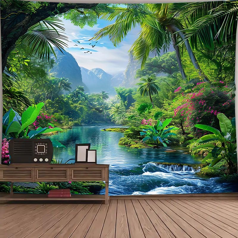 FENDROM Nature Flora Tapestry King Size background, Blue Sky White Cloud Village Small Town by European Pastoral Scenery, Wall Hanging for Bedroom Living room