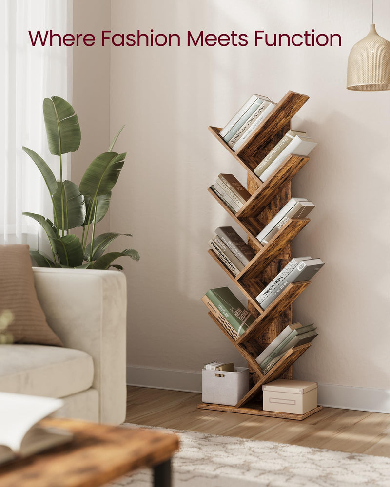 VASAGLE Tree Bookshelf, 5-Tier Floor Standing Bookcase, Space-Saving Corner Shelf, with Wooden Shelves for Bedroom, Living Room, Home Office, Rustic Brown LBC183X01