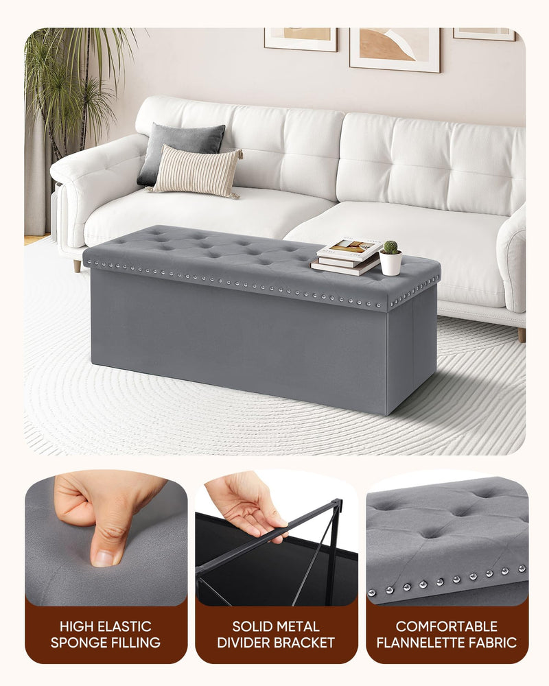 Bonlife Velvet Ottoman with Storage, Extra Large Storage Boxes with Lids, Folding Ottoman Bench Seat, Footstool for Living Room,110X40X40cm