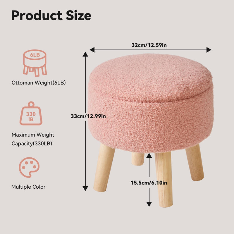 IBUYKE 13 Inch Small Footstool Ottoman with Storage, Round Pouffe Foot Rest with Padded Seat and Wood Legs, Teddy Velvet Mini Footstool for Living Room Couch Bedroom Entryway, Pink WBD006P