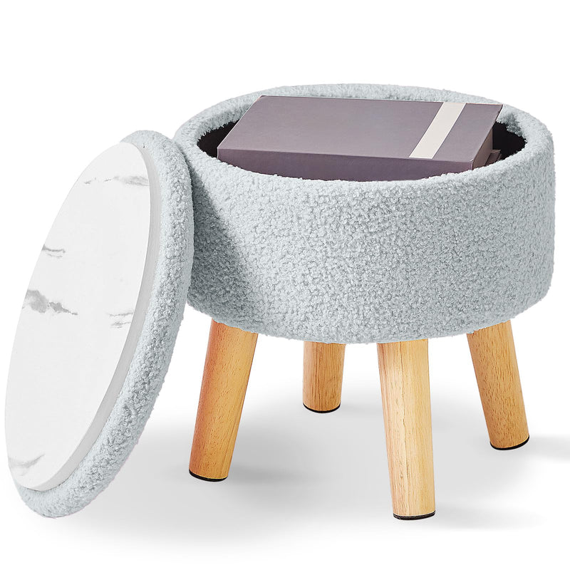 IBUYKE 13 Inch Small Footstool Ottoman with Storage, Round Pouffe Foot Rest with Padded Seat and Wood Legs, Teddy Velvet Mini Footstool for Living Room Couch Bedroom Entryway, Pink WBD006P