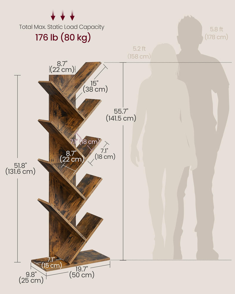 VASAGLE Tree Bookshelf, 5-Tier Floor Standing Bookcase, Space-Saving Corner Shelf, with Wooden Shelves for Bedroom, Living Room, Home Office, Rustic Brown LBC183X01