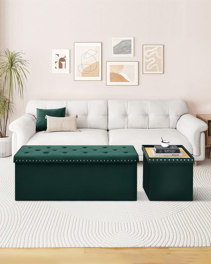 Bonlife Velvet Ottoman with Storage, Extra Large Storage Boxes with Lids, Folding Ottoman Bench Seat, Footstool for Living Room,110X40X40cm