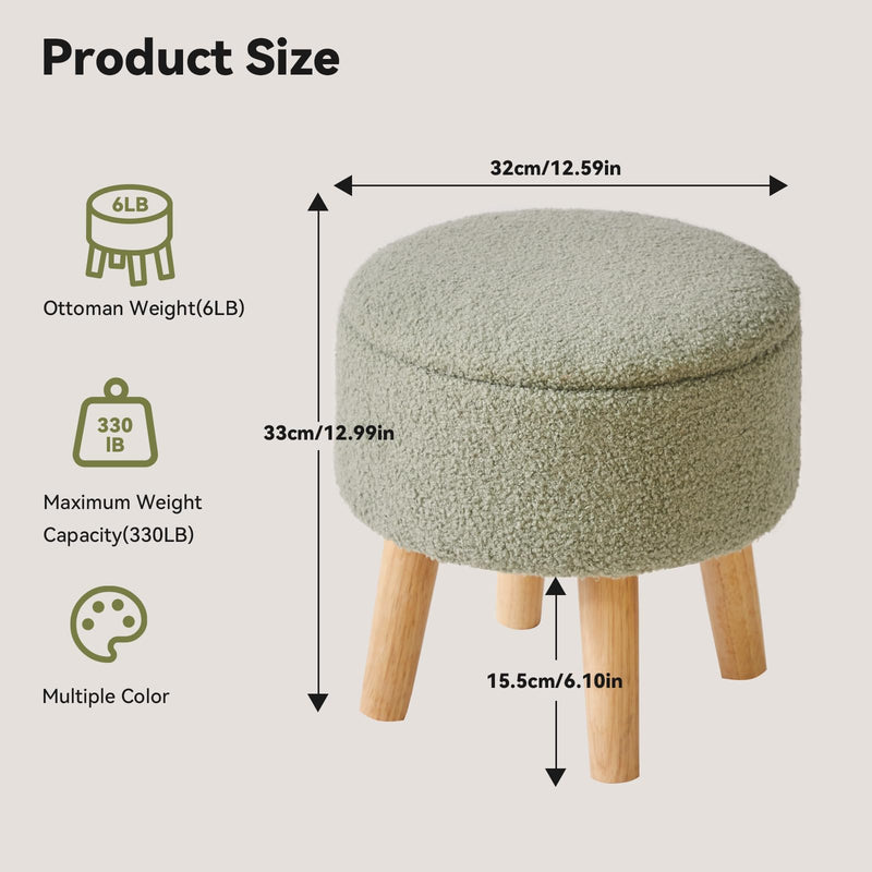 IBUYKE 13 Inch Small Footstool Ottoman with Storage, Round Pouffe Foot Rest with Padded Seat and Wood Legs, Teddy Velvet Mini Footstool for Living Room Couch Bedroom Entryway, Pink WBD006P
