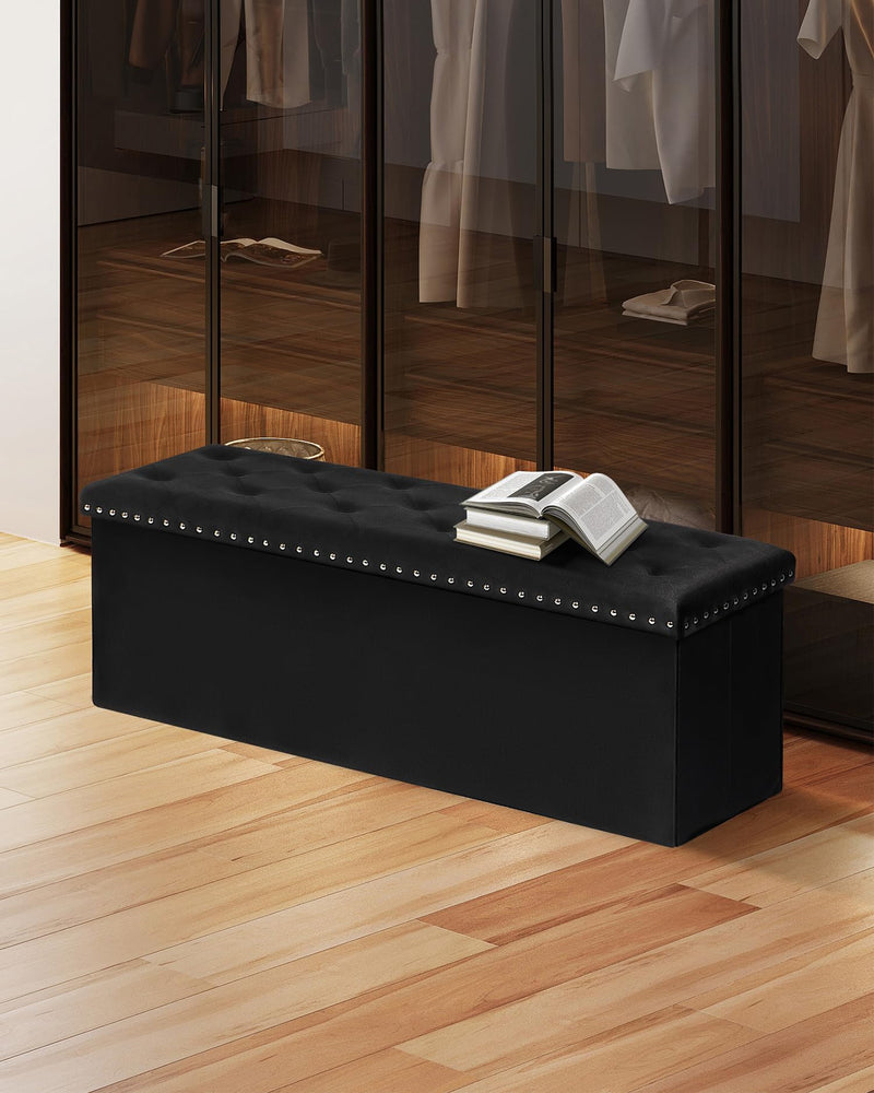 Bonlife Velvet Ottoman with Storage, Extra Large Storage Boxes with Lids, Folding Ottoman Bench Seat, Footstool for Living Room,110X40X40cm