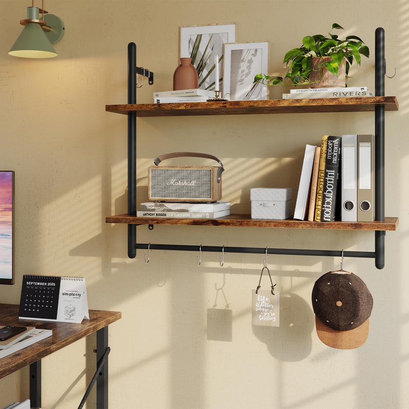 Bestier 3 Tier Floating Pipe Shelving 105.5CM Industrial Wall Mounted Ladder Shelf Hanging with Circular Tube with Hooks Wood Display Storage Home Decor Book Shelves