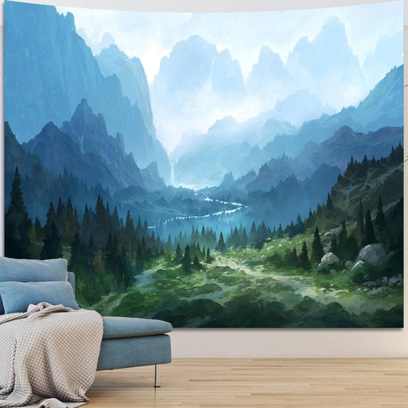 FENDROM Nature Flora Tapestry King Size background, Blue Sky White Cloud Village Small Town by European Pastoral Scenery, Wall Hanging for Bedroom Living room