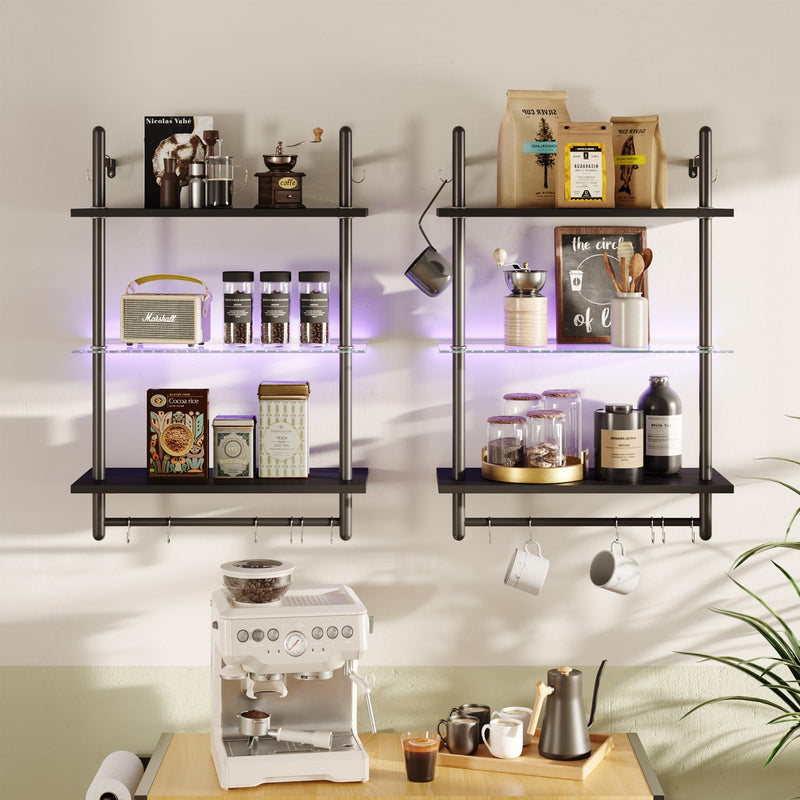 Bestier 3 Tier Floating Pipe Shelving 105.5CM Industrial Wall Mounted Ladder Shelf Hanging with Circular Tube with Hooks Wood Display Storage Home Decor Book Shelves