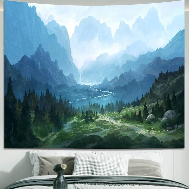 FENDROM Nature Flora Tapestry King Size background, Blue Sky White Cloud Village Small Town by European Pastoral Scenery, Wall Hanging for Bedroom Living room