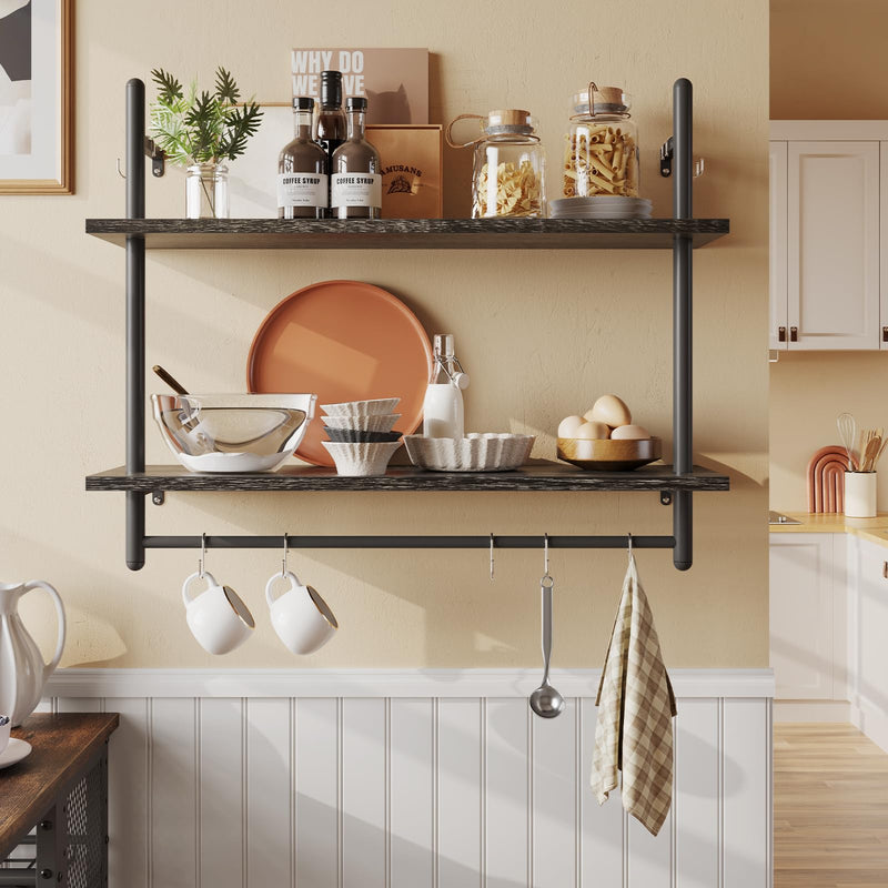 Bestier 3 Tier Floating Pipe Shelving 105.5CM Industrial Wall Mounted Ladder Shelf Hanging with Circular Tube with Hooks Wood Display Storage Home Decor Book Shelves