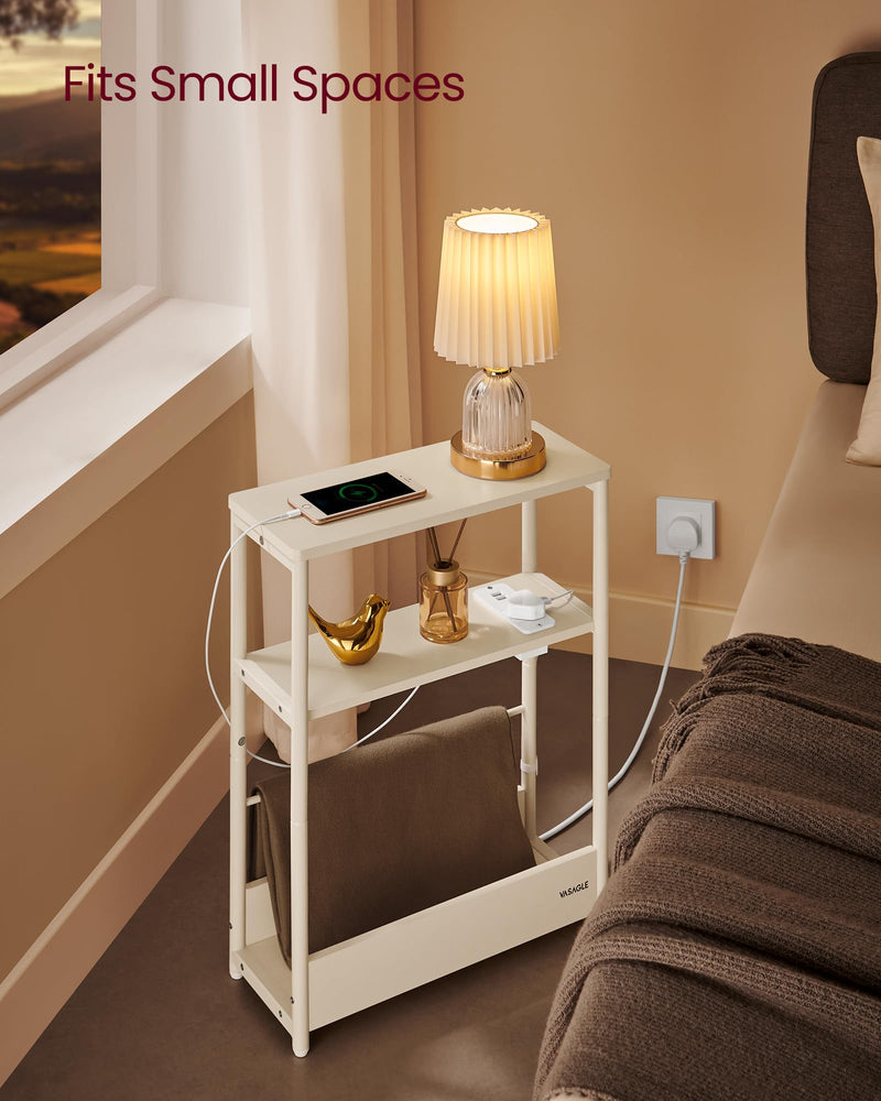 VASAGLE Slim Side Table with Charging Station, 3-Tier Narrow Bedside Table, End Table for Small Spaces, Magazine Rack, for Living Room, Bedroom, Study, Rustic Brown and Ink Black LET335K03