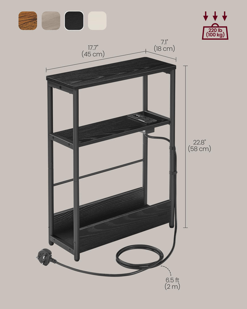 VASAGLE Slim Side Table with Charging Station, 3-Tier Narrow Bedside Table, End Table for Small Spaces, Magazine Rack, for Living Room, Bedroom, Study, Rustic Brown and Ink Black LET335K03