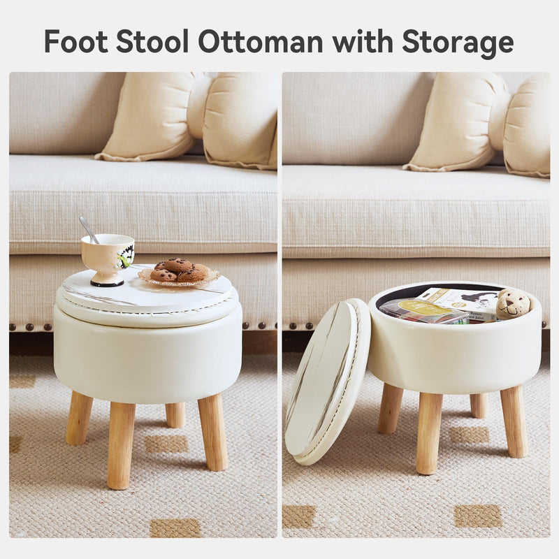 IBUYKE 13 Inch Small Footstool Ottoman with Storage, Round Pouffe Foot Rest with Padded Seat and Wood Legs, Teddy Velvet Mini Footstool for Living Room Couch Bedroom Entryway, Pink WBD006P