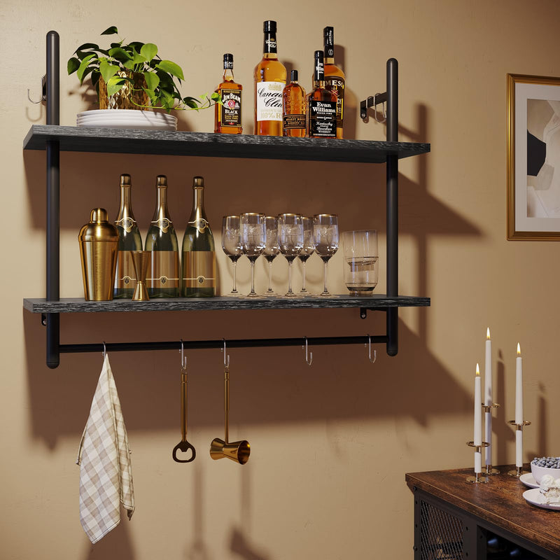 Bestier 3 Tier Floating Pipe Shelving 105.5CM Industrial Wall Mounted Ladder Shelf Hanging with Circular Tube with Hooks Wood Display Storage Home Decor Book Shelves