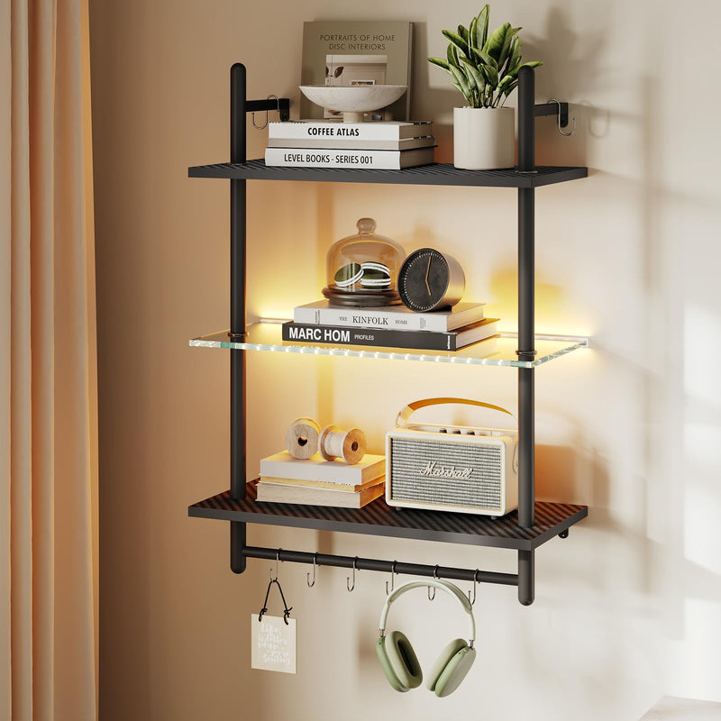 Bestier 3 Tier Floating Pipe Shelving 105.5CM Industrial Wall Mounted Ladder Shelf Hanging with Circular Tube with Hooks Wood Display Storage Home Decor Book Shelves