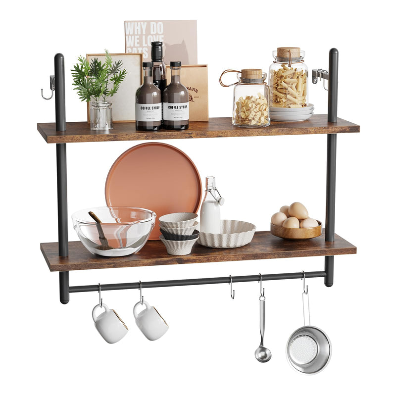 Bestier 3 Tier Floating Pipe Shelving 105.5CM Industrial Wall Mounted Ladder Shelf Hanging with Circular Tube with Hooks Wood Display Storage Home Decor Book Shelves
