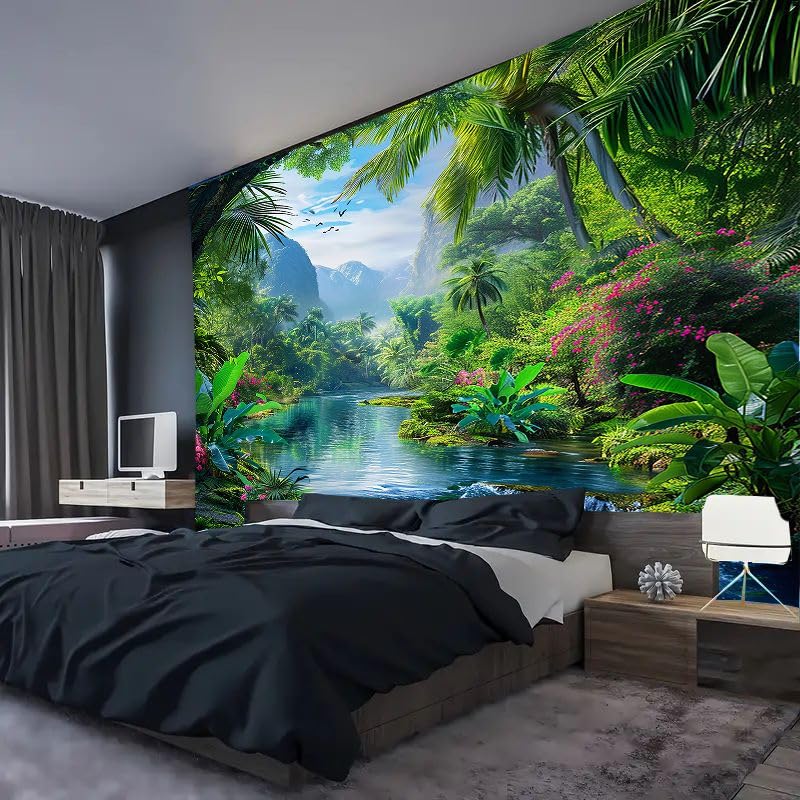 FENDROM Nature Flora Tapestry King Size background, Blue Sky White Cloud Village Small Town by European Pastoral Scenery, Wall Hanging for Bedroom Living room
