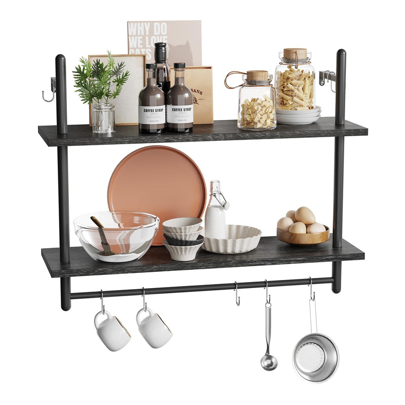 Bestier 3 Tier Floating Pipe Shelving 105.5CM Industrial Wall Mounted Ladder Shelf Hanging with Circular Tube with Hooks Wood Display Storage Home Decor Book Shelves