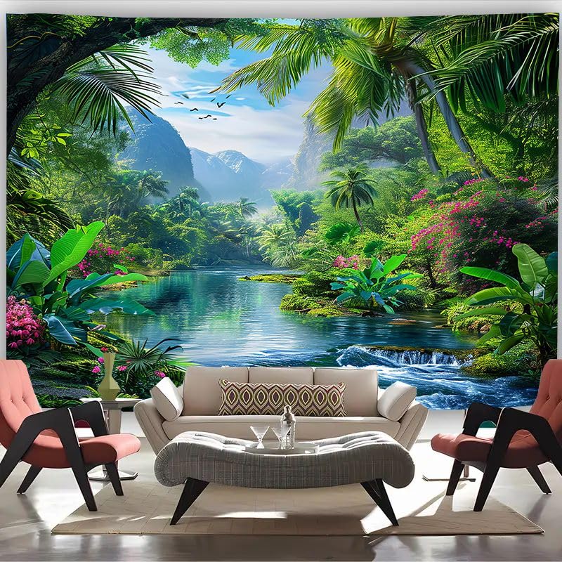 FENDROM Nature Flora Tapestry King Size background, Blue Sky White Cloud Village Small Town by European Pastoral Scenery, Wall Hanging for Bedroom Living room