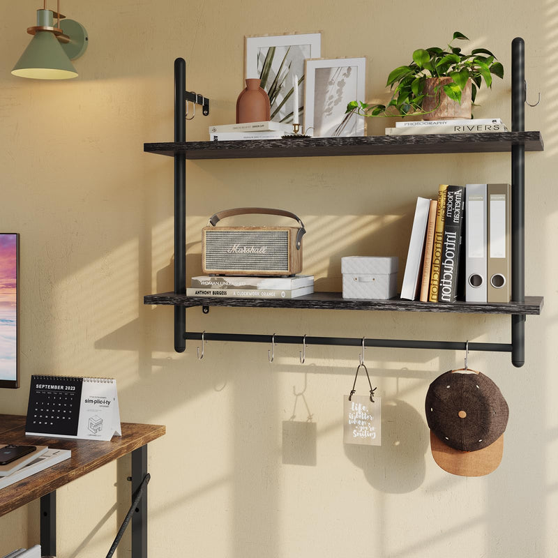 Bestier 3 Tier Floating Pipe Shelving 105.5CM Industrial Wall Mounted Ladder Shelf Hanging with Circular Tube with Hooks Wood Display Storage Home Decor Book Shelves