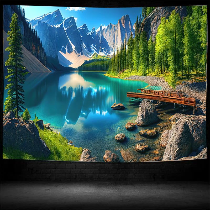 FENDROM Nature Flora Tapestry King Size background, Blue Sky White Cloud Village Small Town by European Pastoral Scenery, Wall Hanging for Bedroom Living room